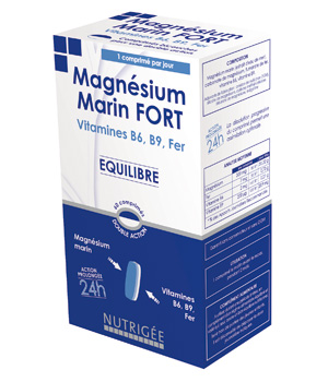 Nutrigee Magnésium Marin Fort, Vitamines B6, B9, Fer 60cp bi couche