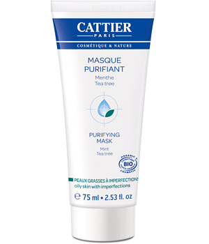 PROPERTIES The Cattier Purifying Mask absorbs excess sebum, tightens pores and refines the skins texture for a clearer, more radiant complexion. MAIN ACTIVE INGREDIENTS White Clay, Organic extract and essential oil of Peppermint , Organic Jojoba oil, Organic essential oil of Tea Tree , Organic essential oil of Rosemary. Brand : Cattier Characteristics: Finished product not tested on animals. No colouring agents. No synthetic fragrances. No petrochemical derivatives. 75ml tube INCI ingredients : Aqua, Illite, Kaolin, Mentha Piperita Extraxt*, Buxus Chinensis*, Cetearyl alcohol, Cetearyl Glucoside, Benzyl Alcohol, Stearic Acid, Lactic Acid, Maleleuca Alternifolia*, Rosmarinus Officinalis*, Mentha piperita* *Ingredients from organic farming Use: Apply a thick layer to the entire face after thorough cleansing with Cattier Purifying Cleansing Gel. Leave on 5 to 10 minutes, then rinse off thoroughly. Use once or twice a week.