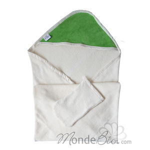 Lulu Nature - Cape de bain+gant 100 % coton biologique capuche velours kiwi