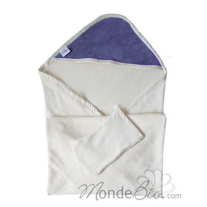 Cape de bain+gant 100 % coton biologique capuche velours raisin Lulu nature