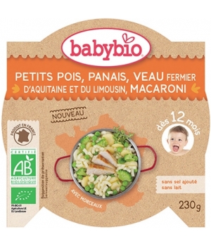 Assiette Menu du jour Mijoté Petits Pois Panais Veau et Macaroni dès 12 mois Babybio