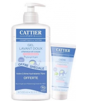 Gel lavant doux bébé 500ml + crème hydratante Cattier