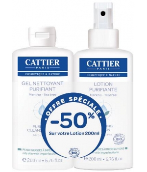 Lot Gel nettoyant purifiant 200ml + Lotion purifiante 200ml, le 2ème à Cattier