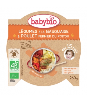 Assiette Menu du jour Légumes à la Basquaise Poulet Fermier dès 15 mois Babybio