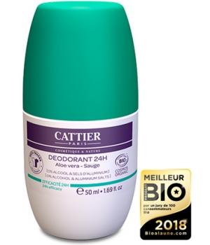 Cattier Déodorant roll on aloe vera sauge 24h anti traces 50ml