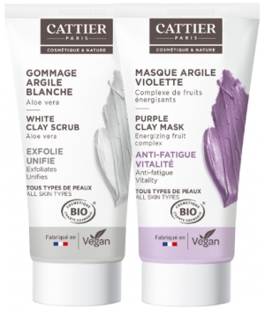 Cattier Lot Anti fatigue gommage et masque argile violette tous types de peaux