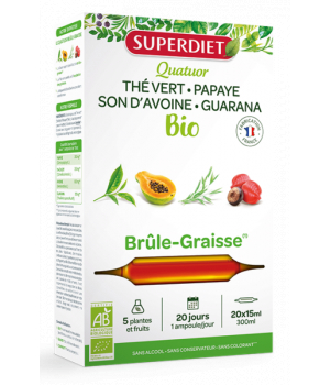 Super Diet Quatuor brule graisse Guarana Thé vert Papaye Son d'avoine Bio 20 ampoules de 15ml