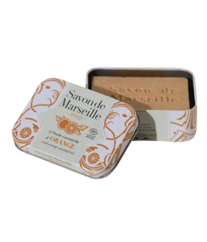 Alepia Savon de Marseille boîte métal décorée parfumé à l'huile essentielle d'Orange 100g