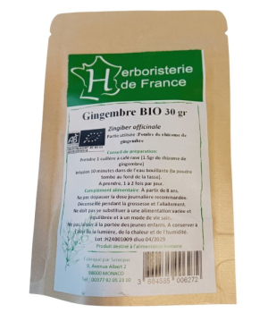 Herboristerie De France Tisane Gingembre bio poudre 30g