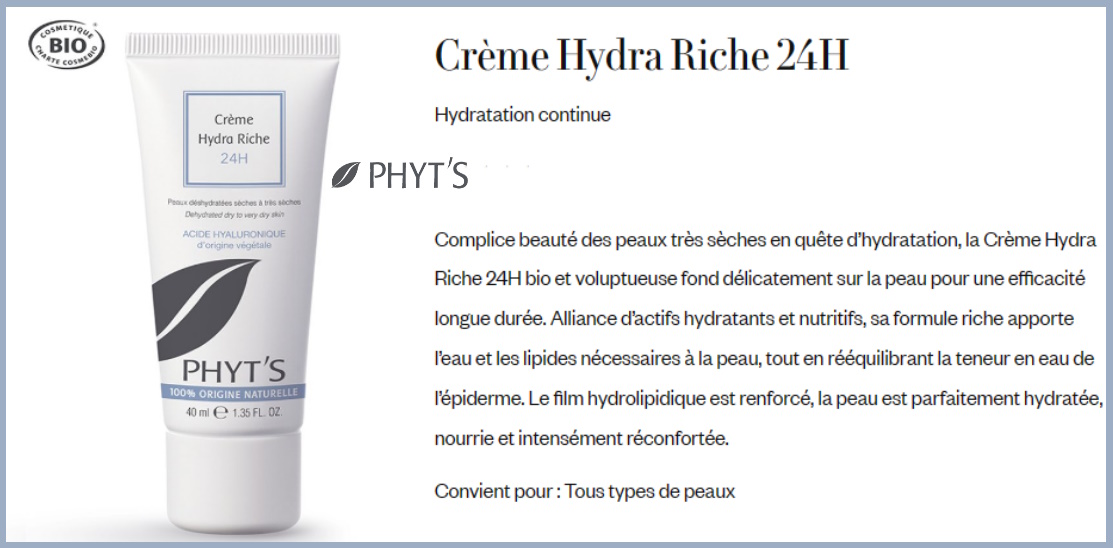 La crème hydra riche 24H Phyt's permet d'hydrater en eau et en lipides la peau sèche tout au long de la journée.