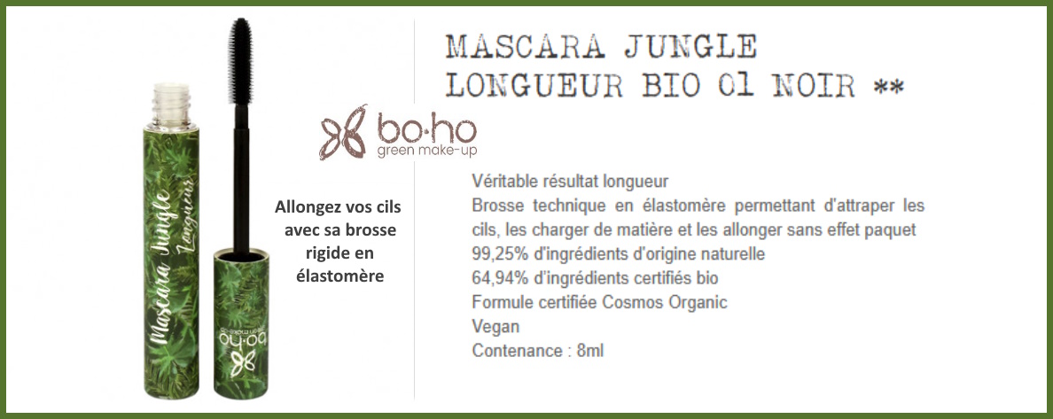 la brosse rigide en elastomere du mascara jungle longueur 01 noir boho green permet d'allonger les cils.